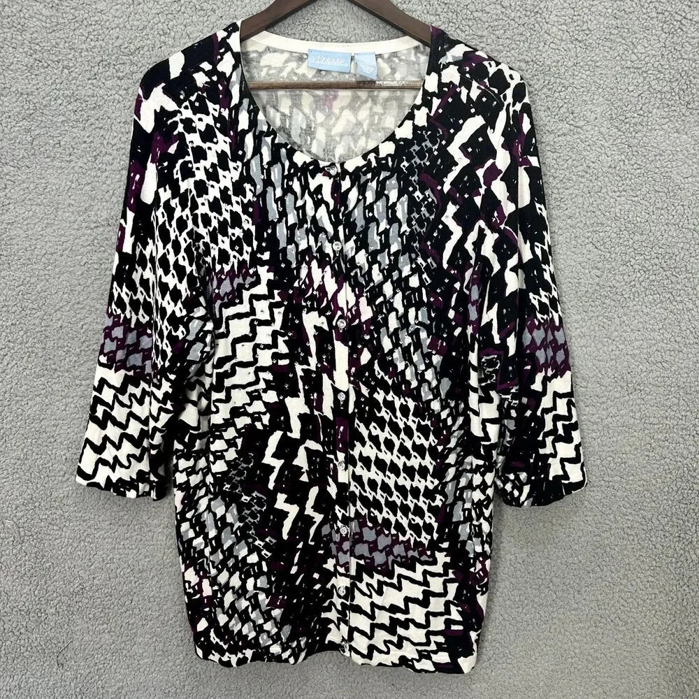 Liz & Me Cardigan Sweater Womens 1X Multi Color Geometric Abstract Button Front
